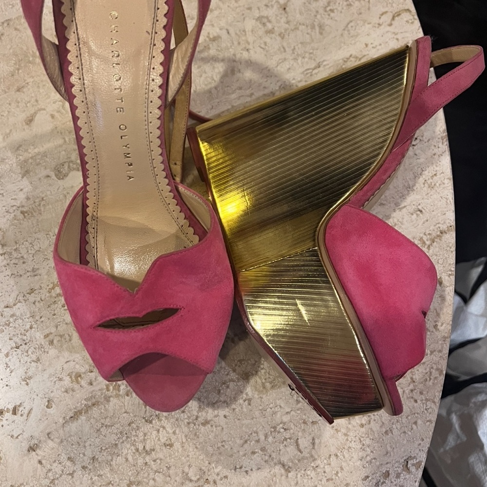 Charlotte Olympia Fuchsia and Metallic Gold Wedges
